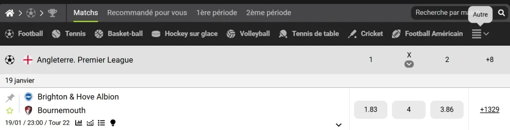 Sports disponibles : football, basket, tennis, MMA, eSports